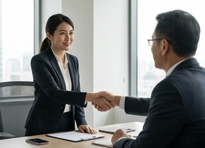 Doanh nhân tuổi Thân khéo léo đàm phán và giao tiếp đối ngoại với đối tác trong phòng họp sáng sủa