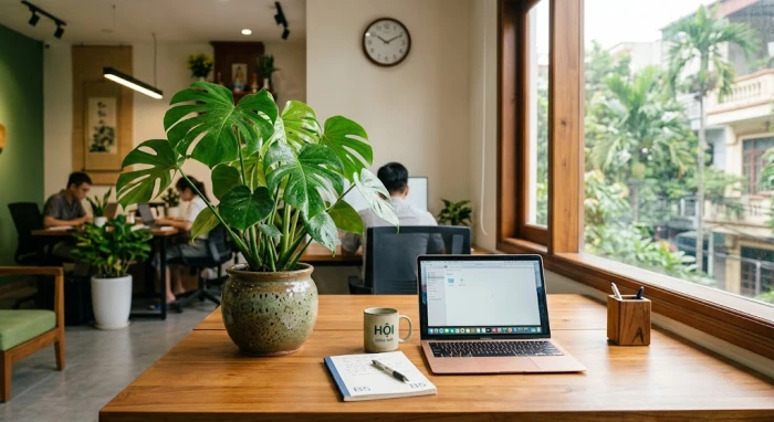 Chậu cây phong thủy xanh tốt đặt trên bàn làm việc giúp giải đáp tuổi thân hợp cây gì để thu hút vượng khí