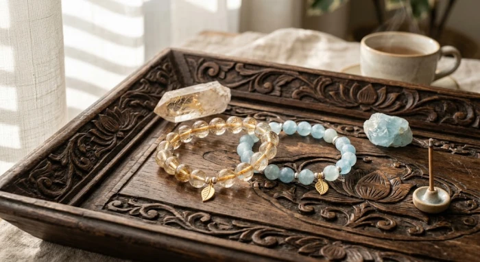Vòng tay đá phong thủy tự nhiên nhiều màu sắc đặt trên khay gỗ truyền thống giúp giải đáp tuổi thân hợp đá gì