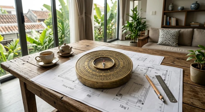 La bàn phong thủy trên bản vẽ kiến trúc nhà phố hiện đại giúp xác định tuổi thân hợp hướng nào để bố trí nội thất