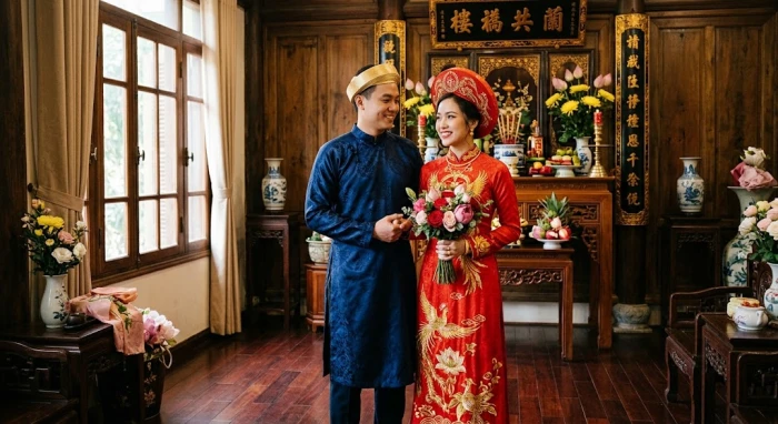 Cặp đôi vợ chồng hạnh phúc minh họa cho việc tuổi thân hợp kết hôn với tuổi nào trong phong thủy