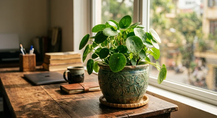 Chậu cây phong thủy xanh tốt trên bàn làm việc giải đáp thắc mắc tuổi thìn hợp cây gì