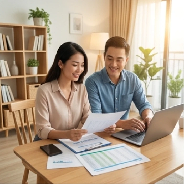 Vợ chồng tuổi Thìn và bạn đời Tam hợp cùng nhau bàn bạc kế hoạch tài chính gia đình trong không gian ấm cúng