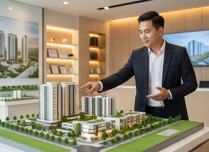 Chuyên gia bất động sản tuổi Thìn đang đàm phán sa bàn khu đô thị mới với nhà đầu tư tại phòng giao dịch chuyên nghiệp
