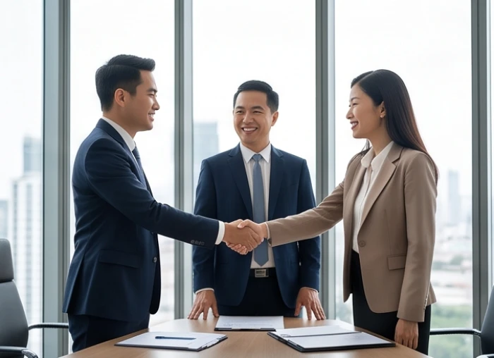 Nhóm doanh nhân thuộc bộ tam hợp Thân Tý Thìn đàm phán ký kết hợp đồng hợp tác chiến lược tại phòng họp cao cấp