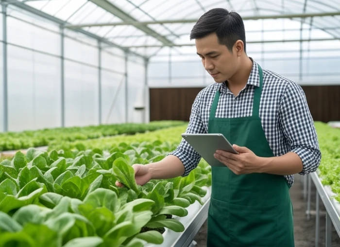 Kỹ sư nông nghiệp sinh thái kiểm tra chất lượng chuỗi cung ứng rau quả hữu cơ tại trang trại nhà kính đạt chuẩn