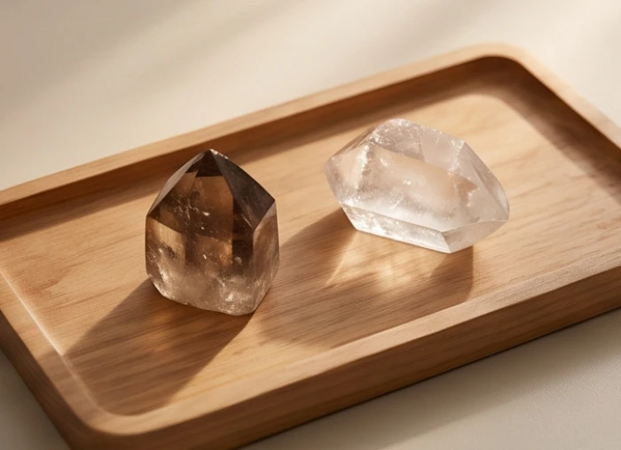 Hai khối đá thạch anh có màu sắc đối lập được đặt cách xa nhau, biểu thị cho sự xung khắc năng lượng trong phong thủy