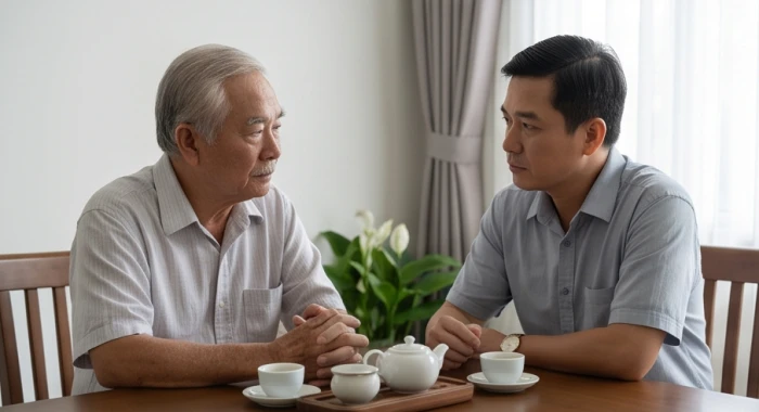 Hai thế hệ trong gia đình biểu lộ sự căng thẳng khi thảo luận công việc do ảnh hưởng lục xung Thìn Tuất