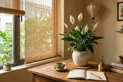 Chậu cây kim tiền xanh tốt đặt trên bàn làm việc gỗ giải đáp trọn vẹn tuổi tuất hợp cây gì theo tiêu chuẩn phong thủy
