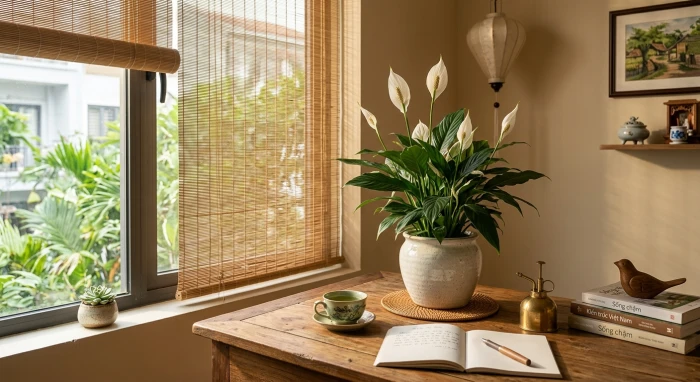 Chậu cây kim tiền xanh tốt đặt trên bàn làm việc gỗ giải đáp trọn vẹn tuổi tuất hợp cây gì theo tiêu chuẩn phong thủy