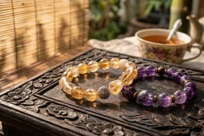 Vòng tay đá thạch anh tự nhiên đặt trên bàn trà mộc mạc giúp giải đáp tuổi tuất hợp đá gì chuẩn phong thủy