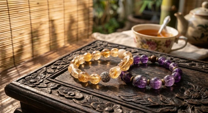 Vòng tay đá thạch anh tự nhiên đặt trên bàn trà mộc mạc giúp giải đáp tuổi tuất hợp đá gì chuẩn phong thủy