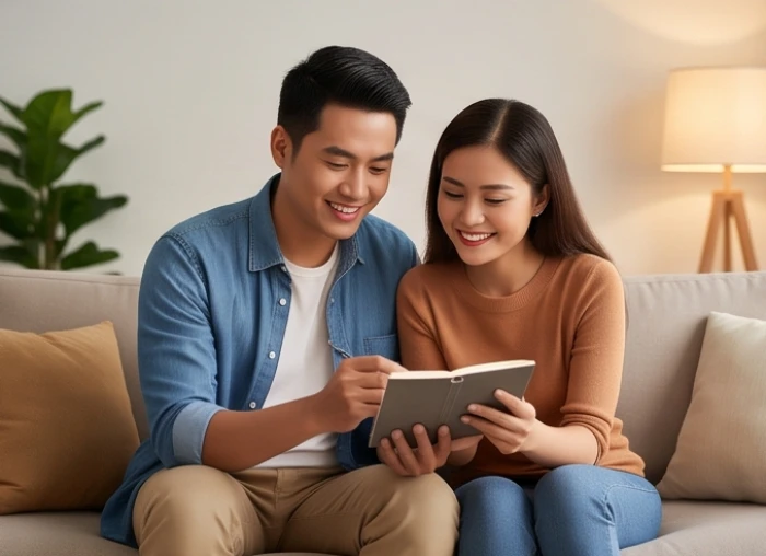 Cặp vợ chồng hạnh phúc cùng nhau trao đổi kế hoạch chi tiêu gia đình trong phòng khách ấm cúng