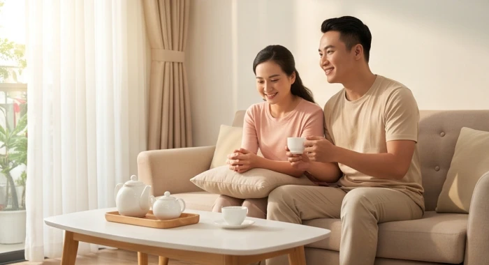 Đôi vợ chồng mỉm cười cùng uống trà trong phòng khách bình yên minh họa sự hòa hợp viên mãn giữa tuổi Tuất và tuổi Mão