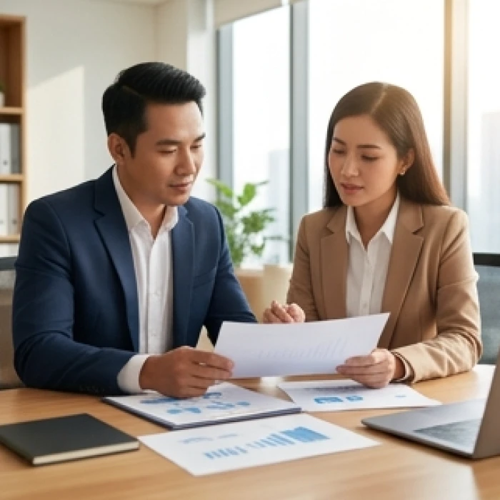 Hai đối tác kinh doanh ngồi đối diện tại bàn làm việc thảo luận phân chia rõ ràng ranh giới công việc để tránh xung đột