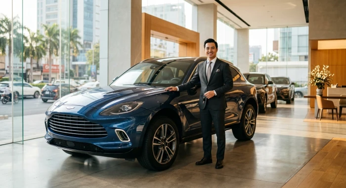 Người mua đang xem bảng màu tại showroom để quyết định tuổi tuất mua xe màu gì mang lại tài lộc và bình an