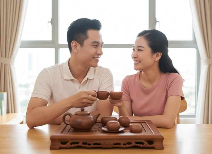 Vợ chồng tuổi tuất và tuổi ngọ đầm ấm bên mâm trà truyền thống trong không gian phòng khách trang nhã