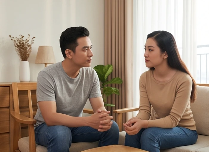 Hai vợ chồng suy tư tìm cách giải quyết bất đồng quan điểm khi chung sống trong phòng khách ấm cúng