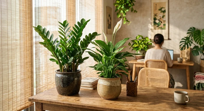 Chậu cây phong thủy xanh tốt trên bàn làm việc mộc mạc giải đáp thắc mắc tuổi tỵ hợp cây gì nhằm mang lại vượng khí