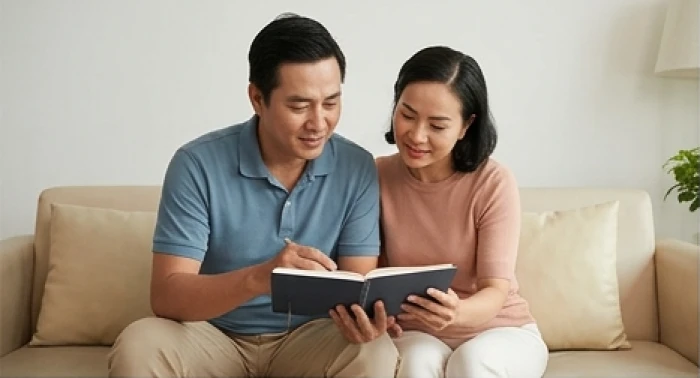 Cặp vợ chồng tuổi Tý và Thìn cùng nhau thảo luận kế hoạch tài chính gia đình trong không gian ấm cúng