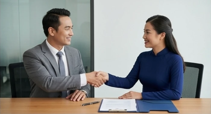 Hai doanh nhân đang ký kết hợp đồng thương mại tại văn phòng thể hiện sự tương hợp giữa tuổi Tý và Sửu