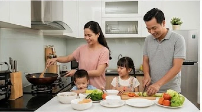 Gia đình nhỏ hạnh phúc đang cùng nhau chuẩn bị bữa tối trong căn bếp gọn gàng thể hiện sự đồng điệu