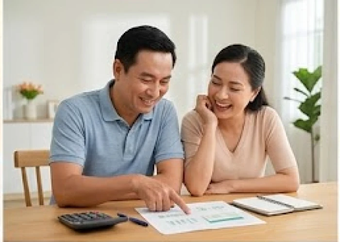 Vợ chồng tuổi tý và tuổi thìn vui vẻ xem bản kế hoạch kinh doanh tại không gian sinh hoạt chung hiện đại