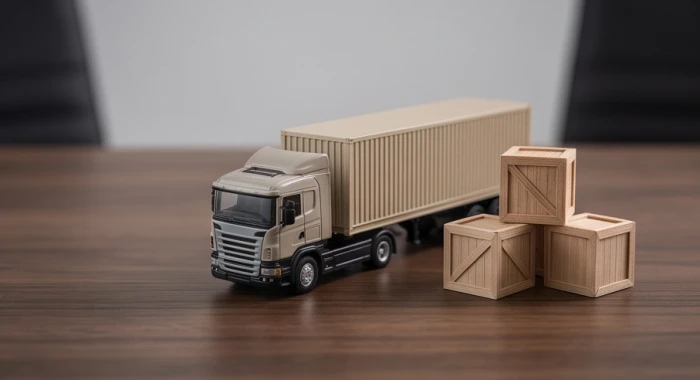 Mô hình xe tải nhỏ và các kiện hàng mô phỏng đặt trên bàn làm việc tượng trưng cho ngành vận tải.