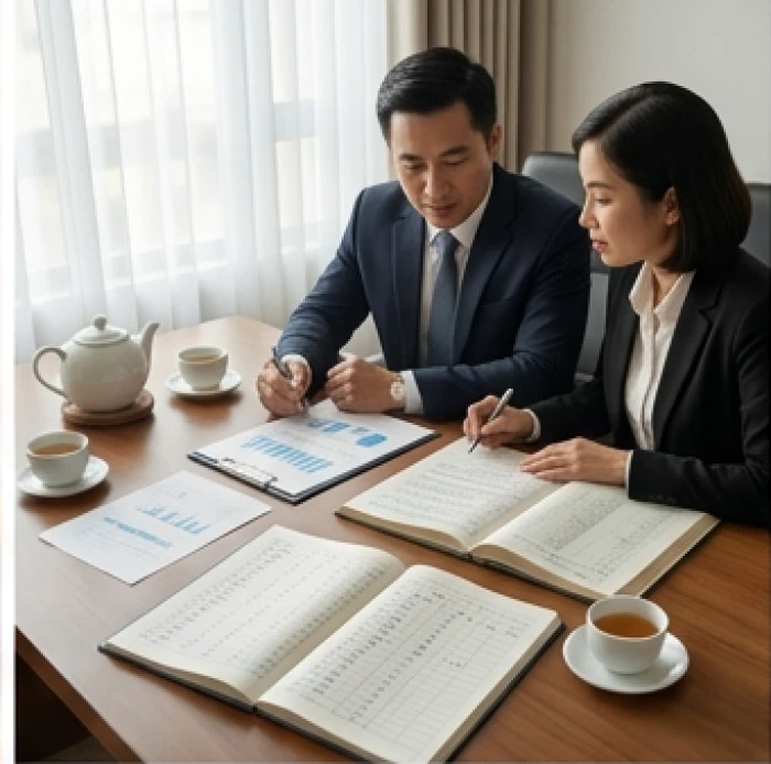 Hai đối tác thảo luận tài chính bên bàn làm việc thể hiện sự đối lập giữa chiến lược an toàn và mạo hiểm