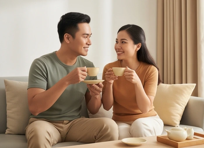 Vợ chồng tuổi Tý và Sửu cùng trò chuyện vui vẻ trong phòng khách thể hiện sự đồng điệu hạnh phúc