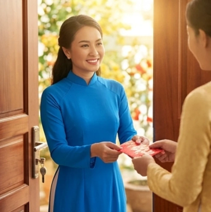 Vị khách mặc áo dài màu xanh dương tươi tắn đang trao phong bao lì xì đỏ đầu năm mới