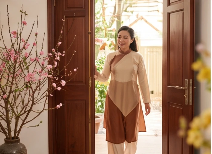 Khách đến xông nhà mùng 1 Tết giờ Thìn mặc trang phục màu vàng nâu tươi cười chúc Tết gia chủ Giáp Tý 1984