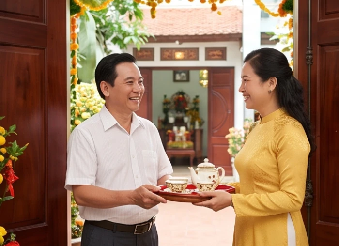 Gia chủ tuổi Giáp Dần vui vẻ tiếp đón vị khách xông đất hợp tuổi Tam hợp vào sáng mùng 1 Tết mang lại sinh khí