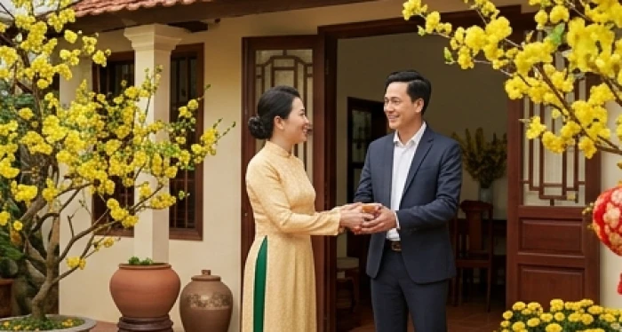 Vị khách tươi tắn mang tài lộc bước vào xông nhà đầu năm mới cho gia chủ Kỷ Dậu bên cành mai vàng rực rỡ