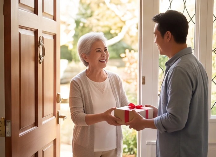Gia chủ lớn tuổi nở nụ cười rạng rỡ đón khách đến xông nhà và chúc tết trong buổi sáng mùng một đầu năm