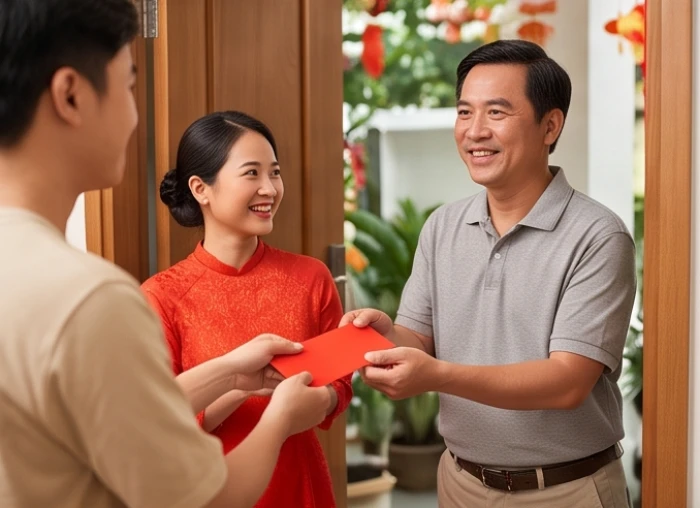 Không khí ấm cúng đầu năm khi người xông đất trao phong bao lì xì đỏ cho gia chủ cầu chúc bình an thịnh vượng