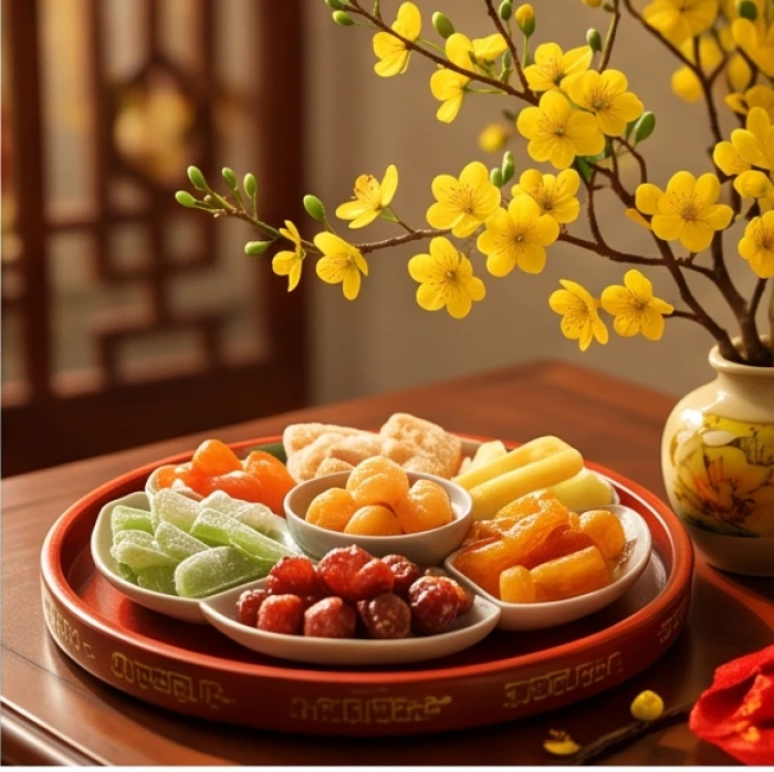 Khay mứt Tết truyền thống và cành mai vàng rực rỡ chào đón khách đến xông đất đầu năm