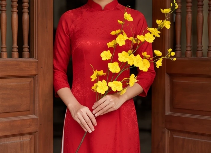 Một vị khách mặc áo dài đỏ mang theo cành mai vàng đến xông nhà gia chủ tuổi mậu thân