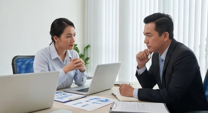 Hai đồng nghiệp tranh luận căng thẳng về tiến độ dự án khi hợp tác với đối tác thuộc nhóm tuổi đại kỵ