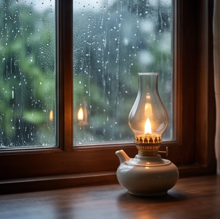 Chiếc đèn dầu cháy trong phòng ấm áp bên cửa sổ nhìn ra khung trời mưa lớn bên ngoài