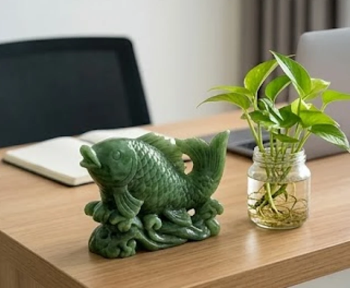 Tượng cá chép ngọc xanh tinh xảo đặt trên bàn làm việc bên cạnh chậu cây trầu bà thủy sinh