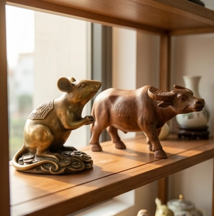 Tượng chuột đồng đồng thau bên cạnh tượng trâu lục hợp được trưng bày trên kệ gỗ phòng khách