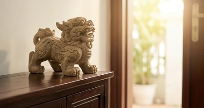 Tượng đá Tỳ Hưu phong thủy đặt chỉnh chu trên bàn phòng khách hướng ra cửa chính để bảo vệ tài lộc cho gia chủ