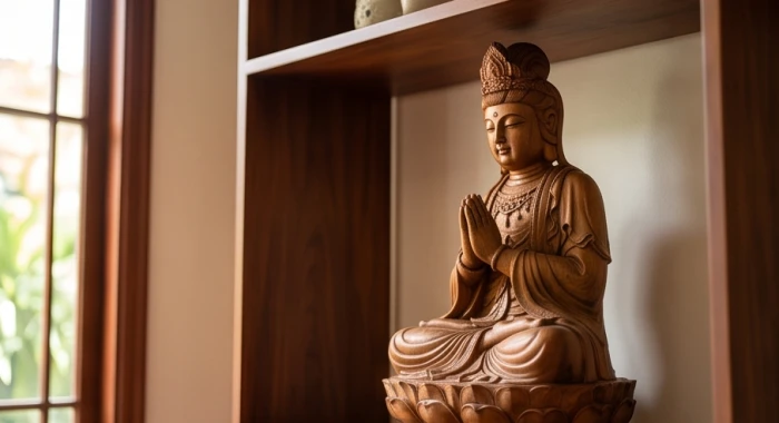 Bức tượng Đại Thế Chí Bồ Tát bằng gỗ được đặt trang nghiêm trên kệ cao tại phòng khách của tuổi Nhâm Ngọ 1942