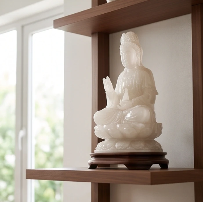 Tượng Đại Thế Chí Bồ Tát chế tác từ thạch anh trắng được an vị trang trọng trên kệ cao