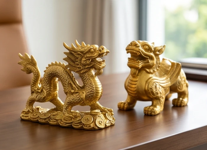 Tượng Tỳ Hưu và tượng Rồng bằng đồng nguyên khối mạ vàng sáng bóng đặt trên bàn làm việc hướng Tây