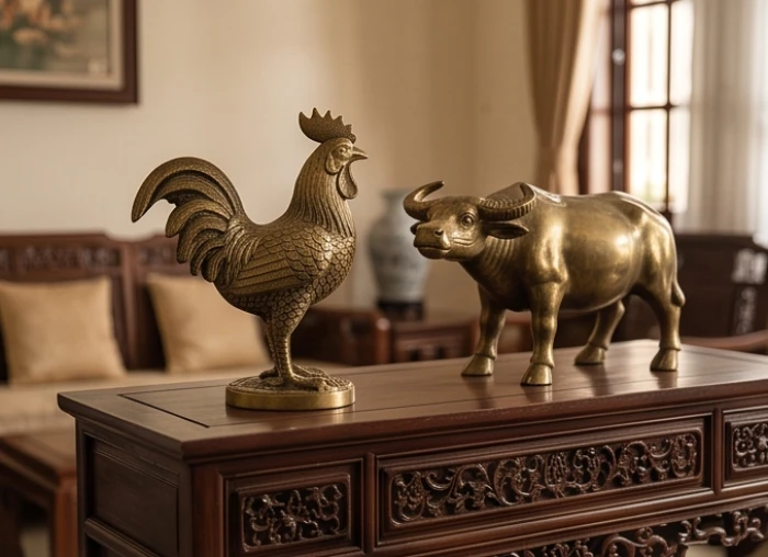 Bộ đôi tượng gà và trâu bằng đồng thau nguyên khối được đặt cạnh nhau trong không gian phòng khách tĩnh lặng