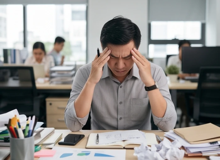 Một người thể hiện sự mệt mỏi và áp lực tâm lý khi phải đối mặt với môi trường làm việc cứng nhắc