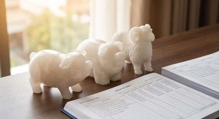 Tượng heo đá và dê đá tự nhiên thuộc bộ tam hợp heo mão mùi đặt cạnh chồng sổ sách trên bàn làm việc