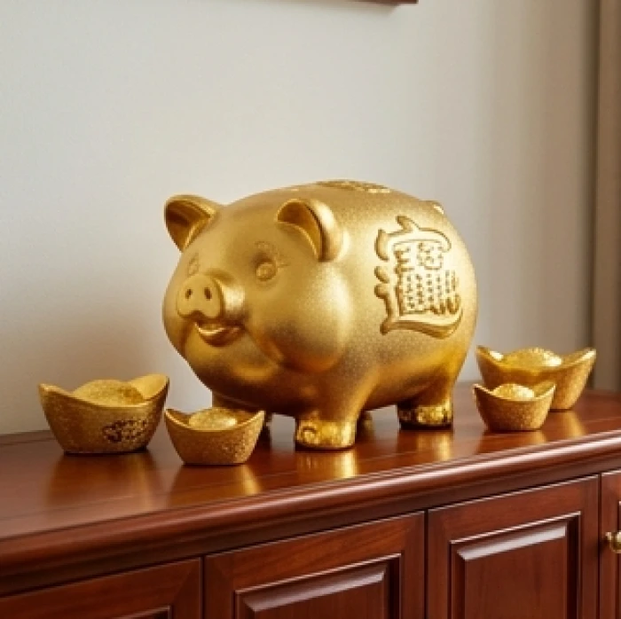 Tượng Heo phong thủy mạ vàng sang trọng cùng những thỏi vàng kim loại bài trí trên tủ gỗ trong phòng sinh hoạt gia đình